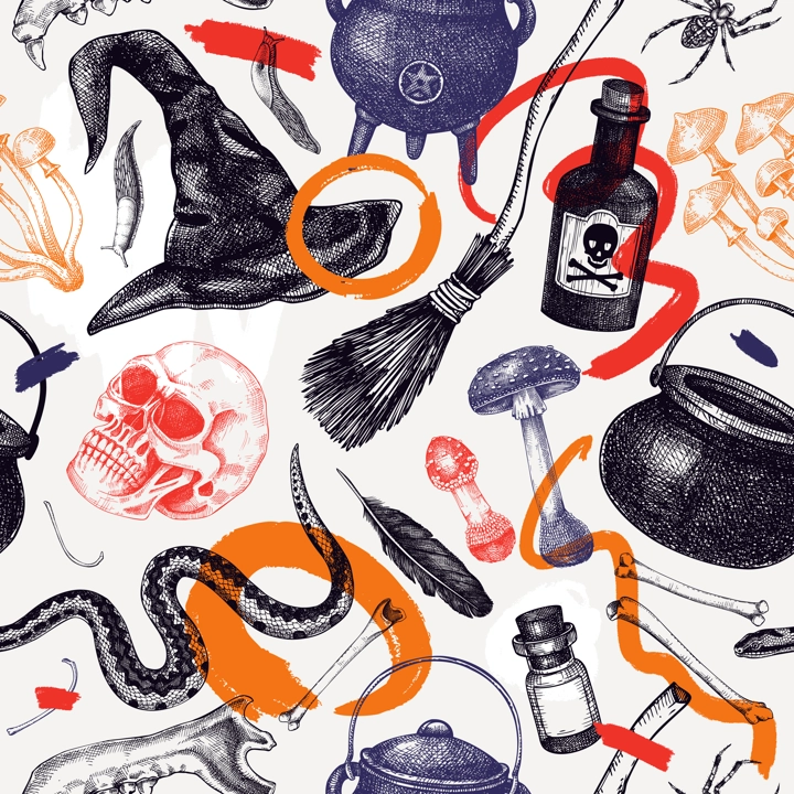 Collage style Halloween seamless pattern. Hand drawn vector illustration. Skulls, bones, pumpkin, poisonous mushrooms, snakes, raven sketches. Trendy autumn background. Abstract shapes, texture